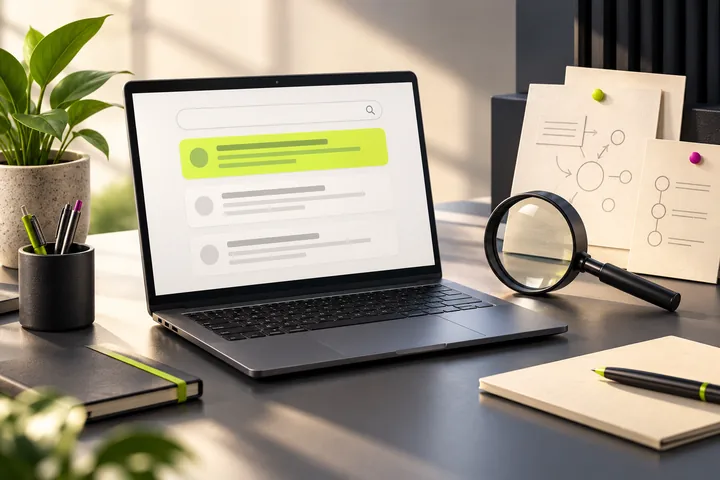 Illustration de la préparation de campagnes avec un écran de recherche et des notes